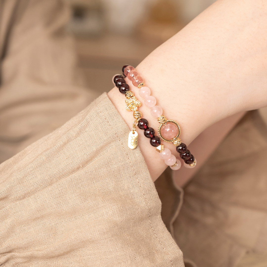 【纏綿】薔薇細語-粉水晶石榴石草莓晶雙圈手鍊