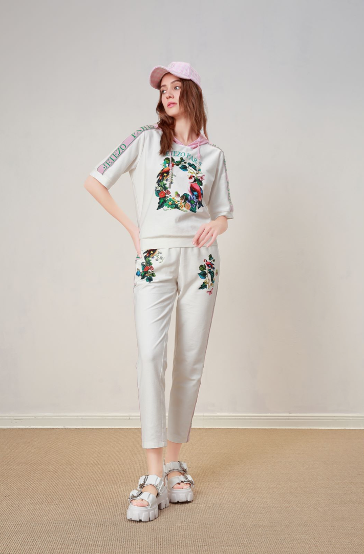 BC1EB002B1 濱海風情花鳥印花鬆緊帶休閒褲