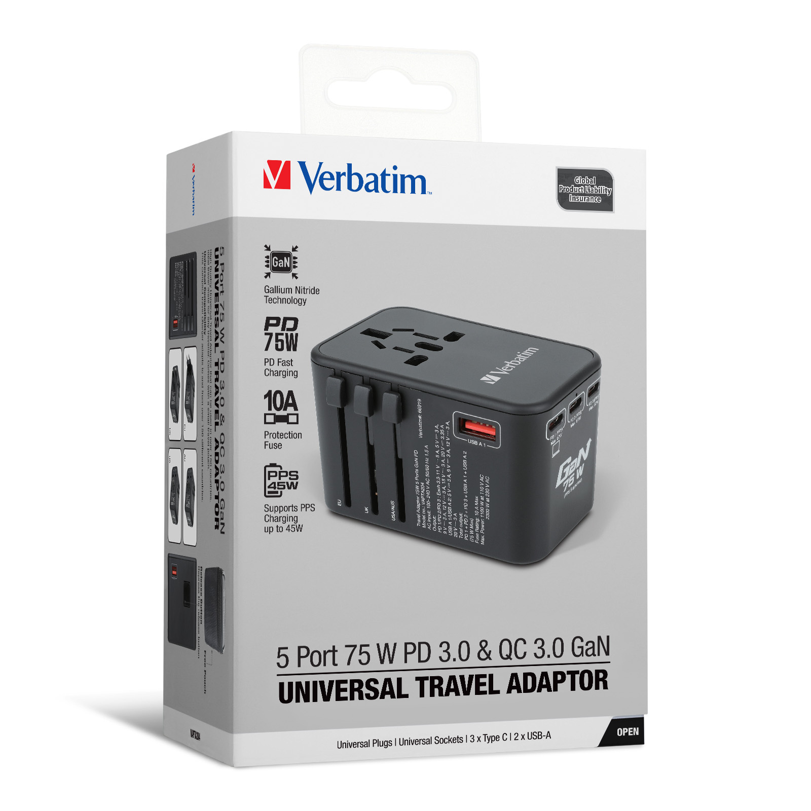 Verbatim｜5 Port 75W PD 3.0 & QC 3.0 GaN Universal Tra..