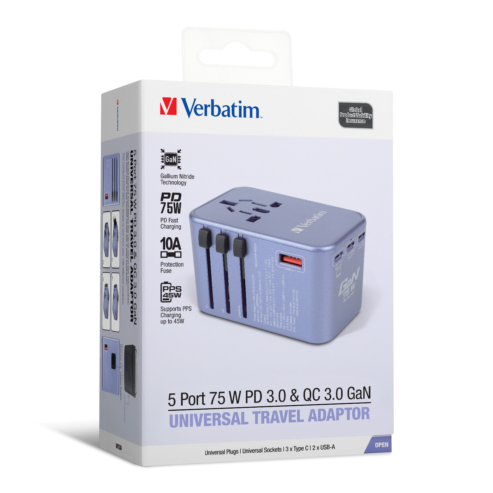 Verbatim｜5 Port 75W PD 3.0 & QC 3.0 GaN Universal Tra..