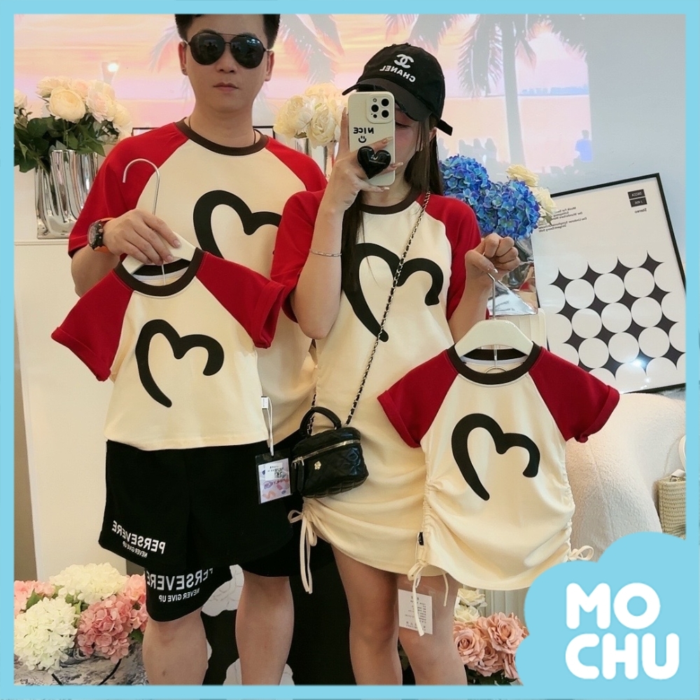 大愛心紅拼白短袖親子裝