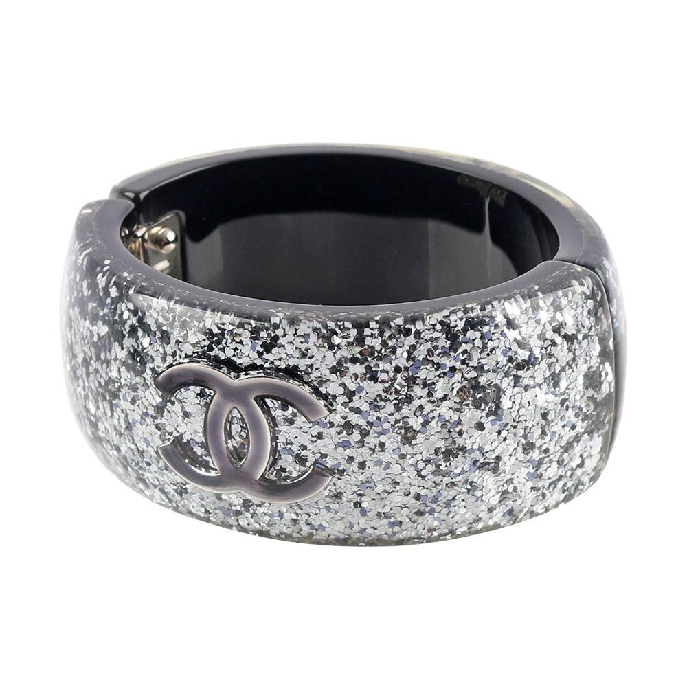 【CHANEL】CC Logo 亮片磁吸寬手鐲(藍色)