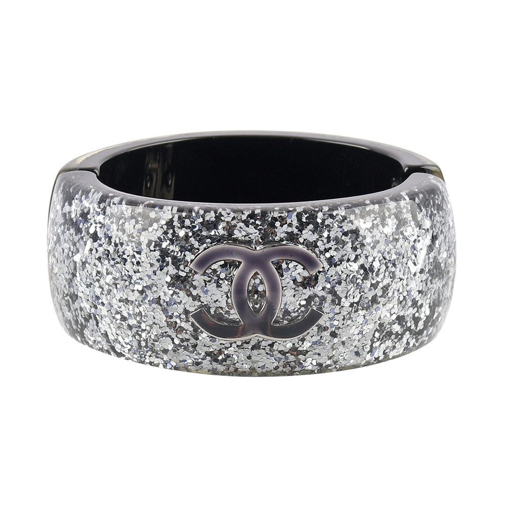 【CHANEL】CC Logo 亮片磁吸寬手鐲(藍色)