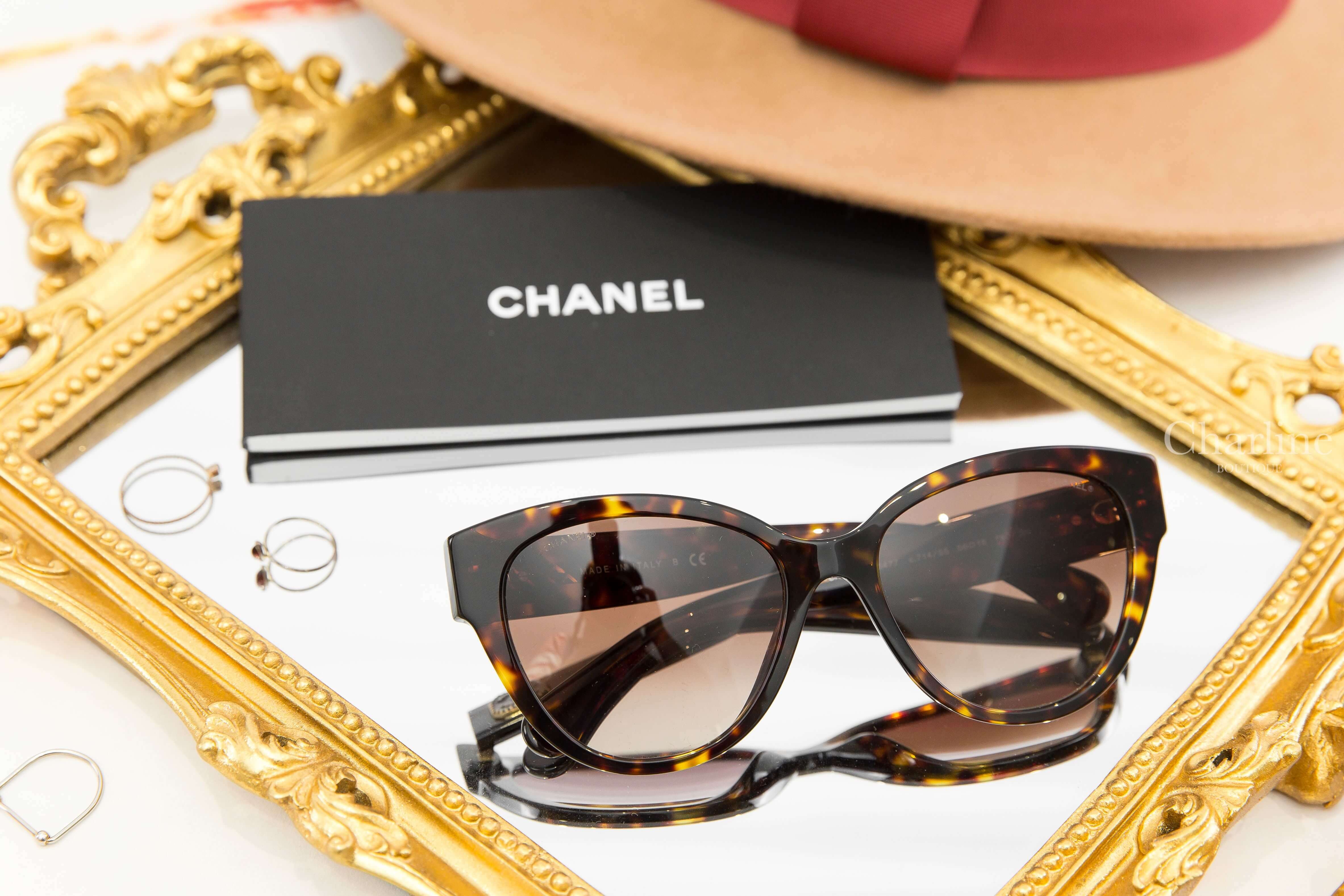 Chanel Butterfly Sunglasses 深棕色玳瑁蝴蝶型棕色漸層鏡片側邊金色方框CC太陽眼鏡