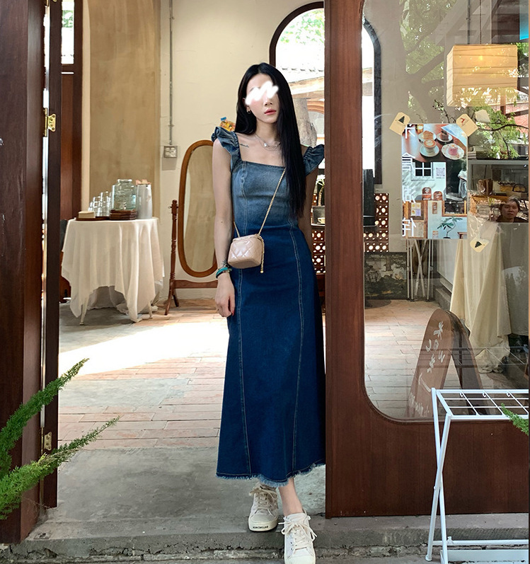 木耳邊立體肩帶 件層牛仔洋裝