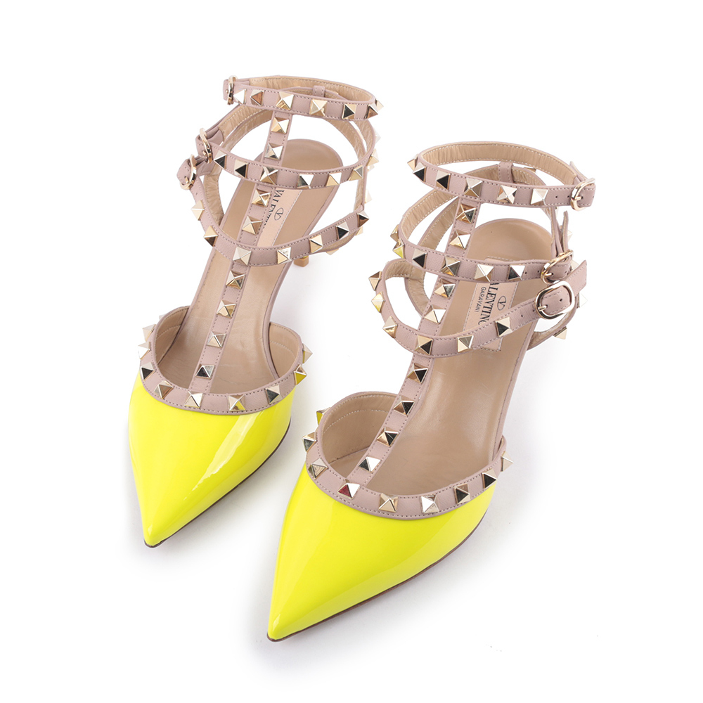 【Valentino】牛皮尖頭三環ROCKSTUDS高跟鞋38 (黃色)