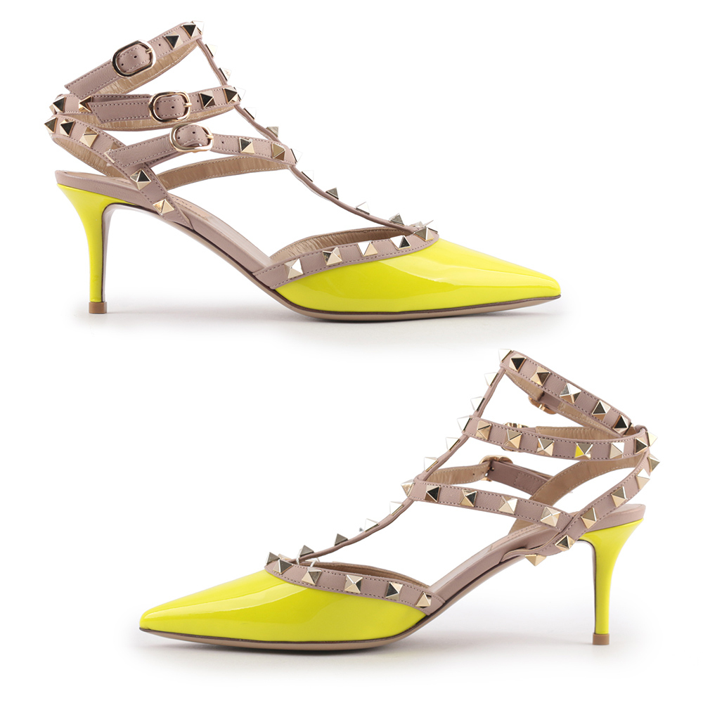 【Valentino】牛皮尖頭三環ROCKSTUDS高跟鞋38 (黃色)