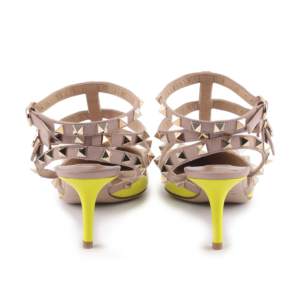 【Valentino】牛皮尖頭三環ROCKSTUDS高跟鞋38 (黃色)