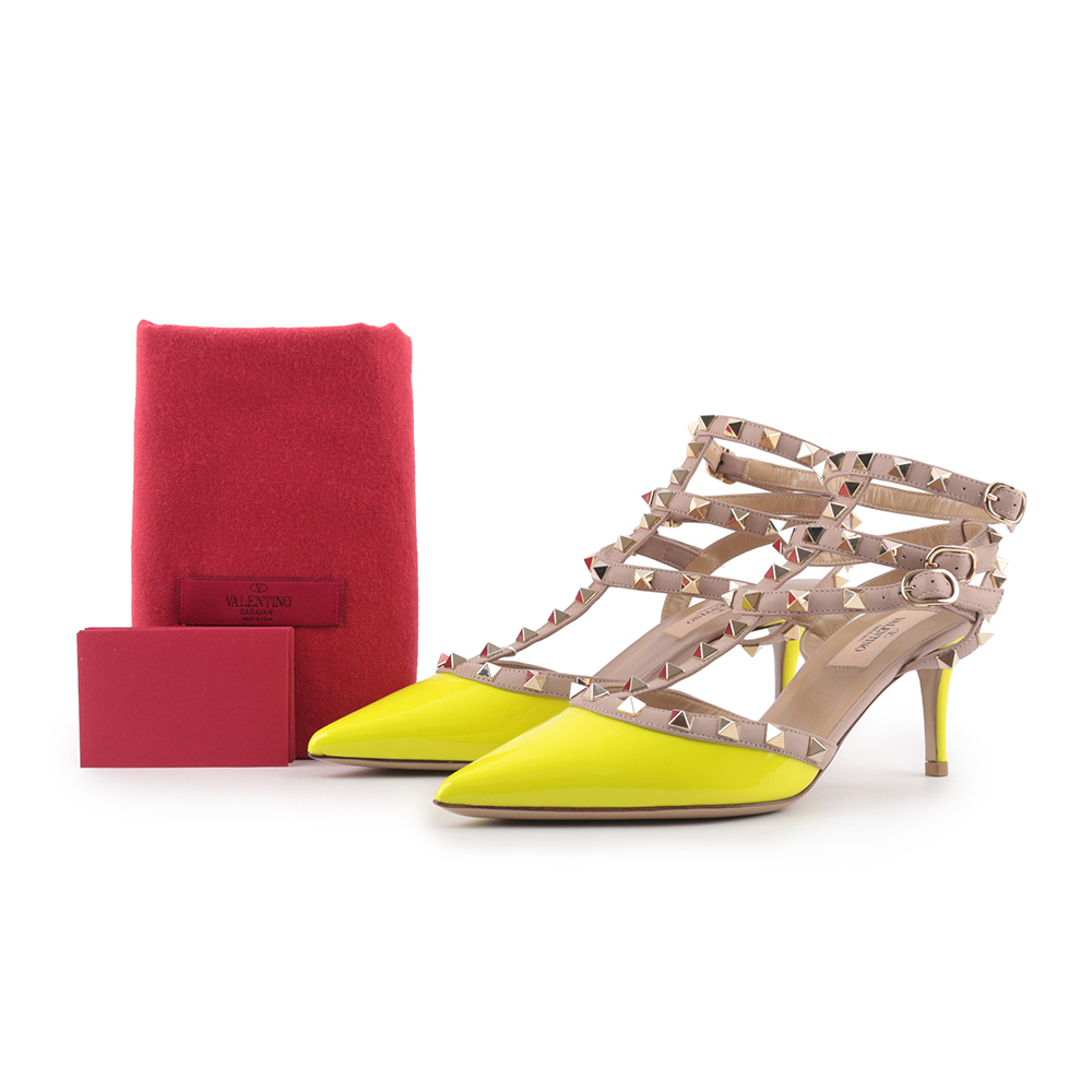 【Valentino】牛皮尖頭三環ROCKSTUDS高跟鞋38 (黃色)
