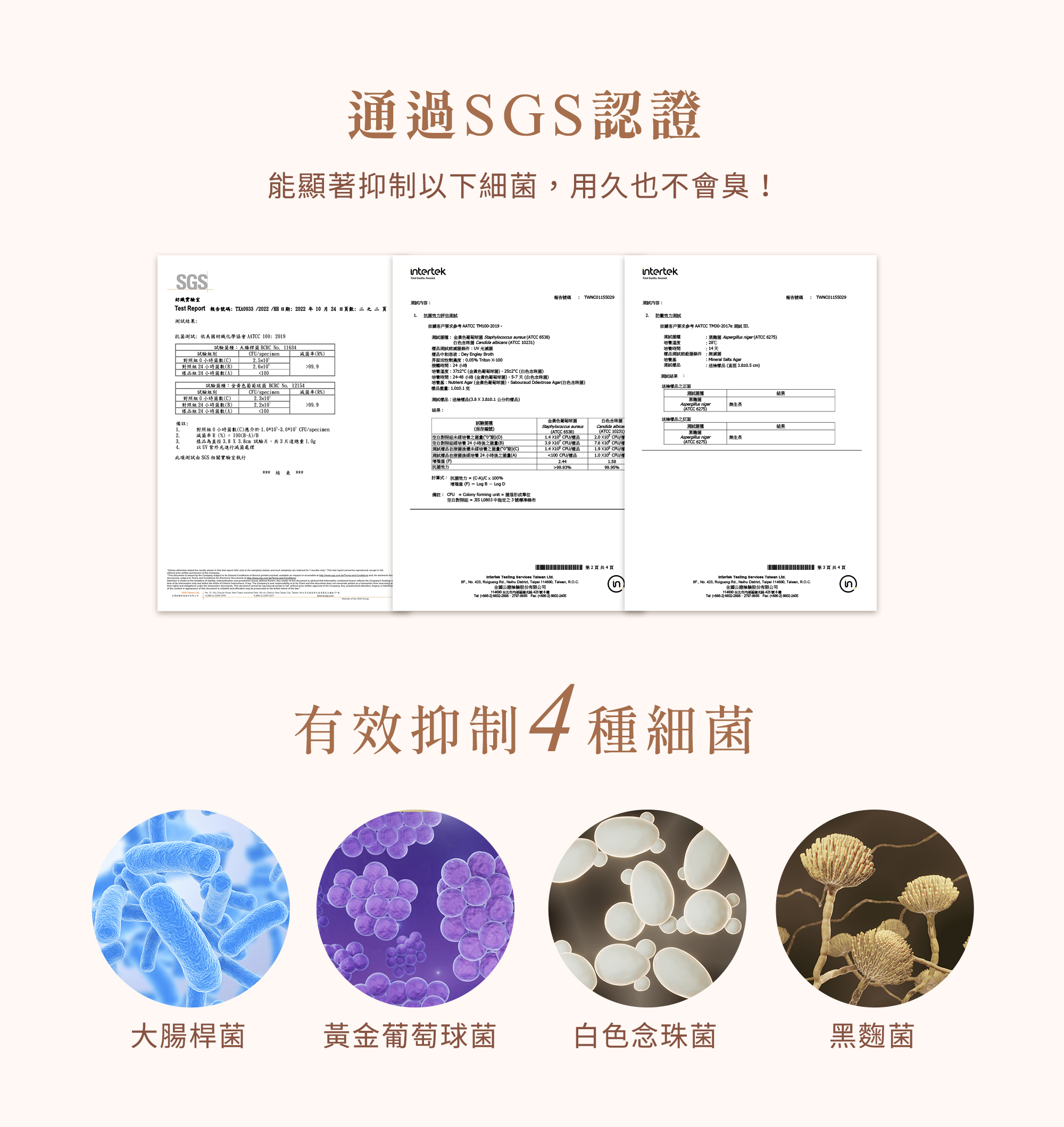 通過SGS認證能顯著抑制以下細用久也不會臭!SGS紡織實驗室est Report 報告TKA933 222  222 年  月 24 日數  二 抗依美國紡織化學協會AAT 100 2019tertek 容1抗評估測試依據客戶要求 AAT TM1002019tertek  報告碼 TWNC01155029測試容2防效力测试試驗種大腸桿BCRC No 11634試驗/specimen滅%0數C2 510對照 24 小時菌數B樣組24小時菌數A2 6x10100試驗菌種金黃色 BCRC 12154試驗組別/specimen減率%對照組0小時菌數C)2 3x10 對照組 24 小時菌數B)組 24 小時菌數A)2. 2x1099.9100備註2.為直徑  3.8cm 試驗片共3片達總重1. 以UV紫外滅菌處理對照組 0 小時菌數C)應介於1.010*10CFU/specimen減菌率R(%) = 100(BA)/B試驗菌(保存編號)對照組未號(0)(D)組 24 小時(B)此項測試由 SGS 相關實驗室執行 測試品菌菌(0)(C)測試樣品在菌24小時之量(A)增殖值(F)抗菌效力計算式: 抗菌效力 = (C-A)/C x 100%增殖值 (F) = Log B  Log D備註: CFU = Colony forming unit = 菌落形成單位對照組 = JIS  中之3號標準測試菌: 金黃色葡萄球菌 Staphylococcus  (ATCC 6538)白色念珠菌 Candida albicans (ATCC 102)樣品測試滅菌條件:UV光滅菌樣品中和溶液:Dey Engley Broth界面活性劑濃度:0.05% Triton X-100觸時間:24小時養溫度:372C(金黃色葡萄球菌)2*C (白色念珠菌)培養時間:24-48 小時(金黃色葡萄球菌)5-7天(白色念珠菌)培養基:Nutrient Agar (金黃色葡萄球菌)Sabouraud  Agar(白色念珠菌)樣品重量:1.0:測試樣品:送檢樣品(3.83.80.1 公分的樣品)結果:依據客戶要求參考 AATCC TM30-2017e 測試 .:菌   (ATCC 6275)測試培溫度: 28C培時間樣品測試條件測試測試結果:送檢樣品之正面: Mineral Salts Agar:送檢樣品(直徑3.8±0.5 cm)結果 無生長金黃色葡萄球菌Staphylococcus aureus(ATCC 6538)1.4 X10CFU/樣品3.9 X10 /樣品1.4 X10/樣品100 CFU/樣品白色念珠菌Candida albica(ATCC 10231)2.0X10°CFU/7.6 X10 CPU/1.9 X10CFU/1.0  CPU/測試菌菌(ATCC 6275)送檢樣品之反面測試結果菌:Aspergillus niger無生長(ATCC 6275)2.4499.93%99.95%No. 31        T 2共4   Talwan . No. 423, Ruiguang Rd.,  , Taipei , , 全國公證檢驗股份有限公司 台北市內光423號8樓 ()  : () (in)報告號碼: TWINC01155029   Talwan - 第3頁共4頁., No. 423, Ruiguang Rd., Neihu , Taipei , Taiwan, R.O.C.全國公證檢驗股份有限公司 台北市內湖區423號8樓in: ()  : () 有效抑制4種細菌大腸桿菌黃金葡萄球菌白色念珠菌黑麴菌