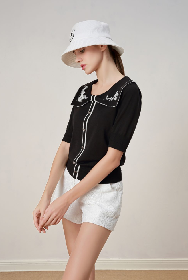 BC1EC213A1 濱海風情蕾絲繡花翻領上衣