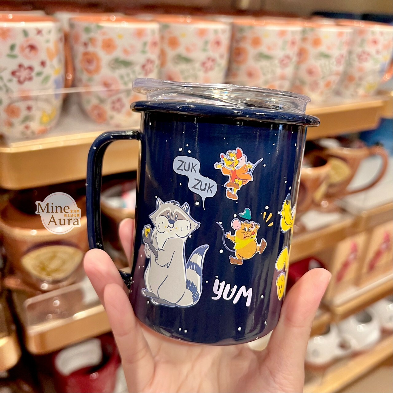 可愛塗鴉圖案 深藍底 帶蓋 陶瓷馬克杯 水杯 -香港迪士尼樂園