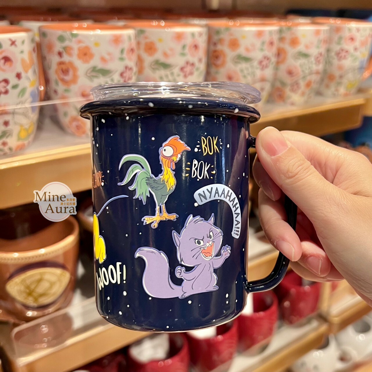 可愛塗鴉圖案 深藍底 帶蓋 陶瓷馬克杯 水杯 -香港迪士尼樂園