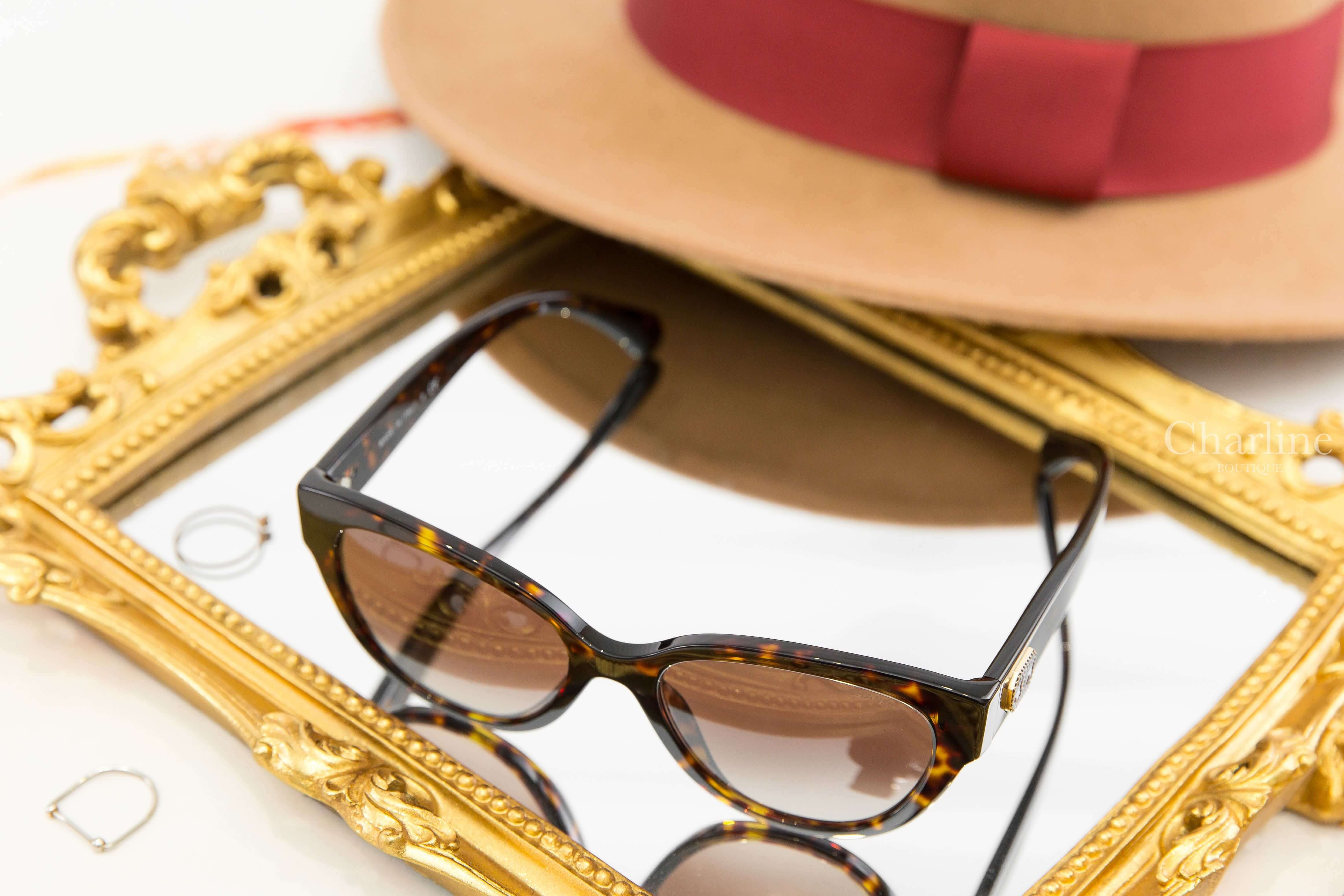Chanel Butterfly Sunglasses 深棕色玳瑁蝴蝶型棕色漸層鏡片側邊金色方框CC太陽眼鏡-Charline Boutique 精品代購