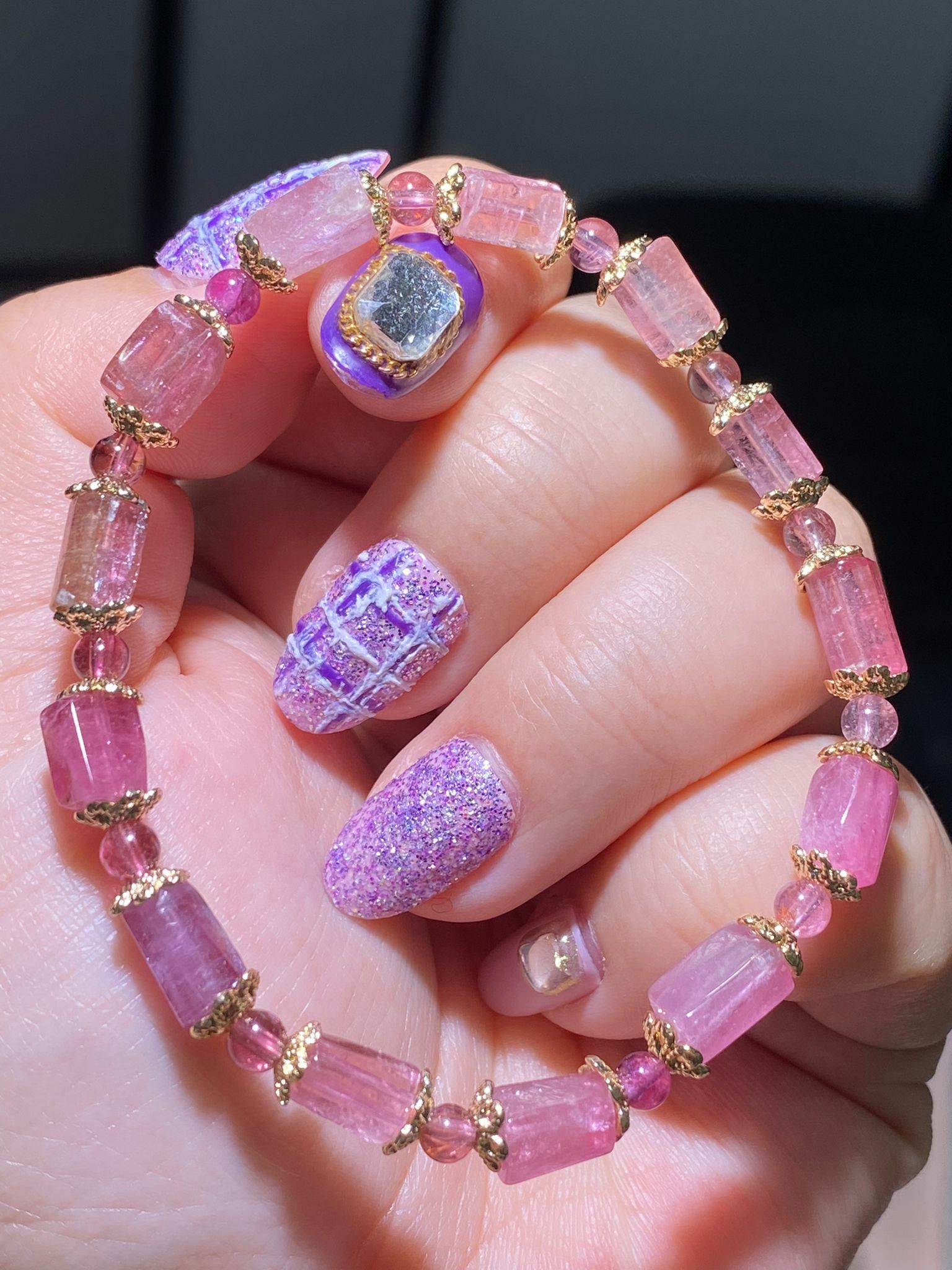 漸變粉紅碧璽方珠DIY