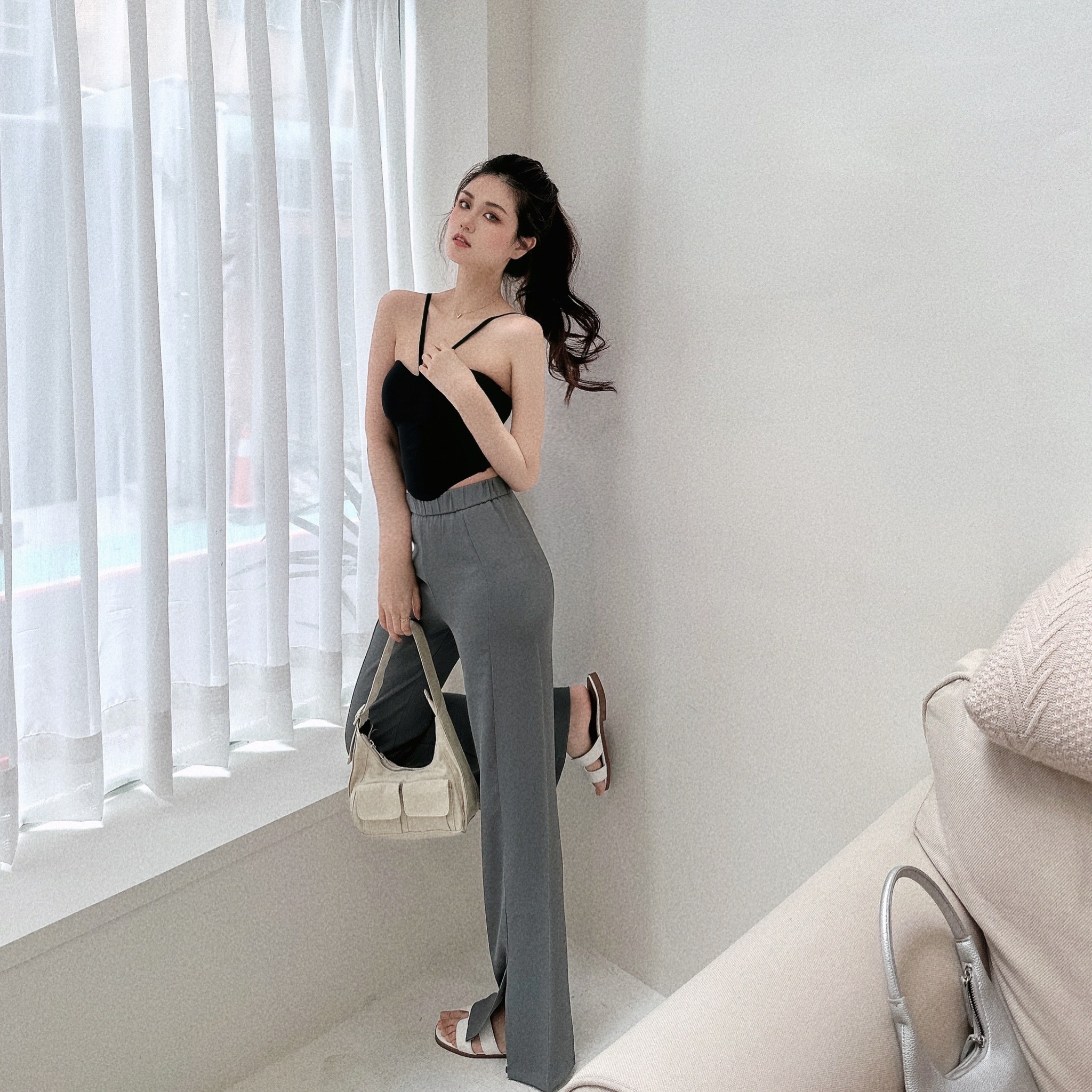 涼感冰絲前開衩寬褲/四色