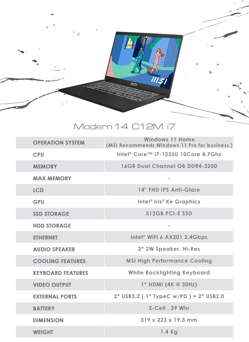 MSI Modern 14 C12M i7 - Classic Black | Yan's Ltd