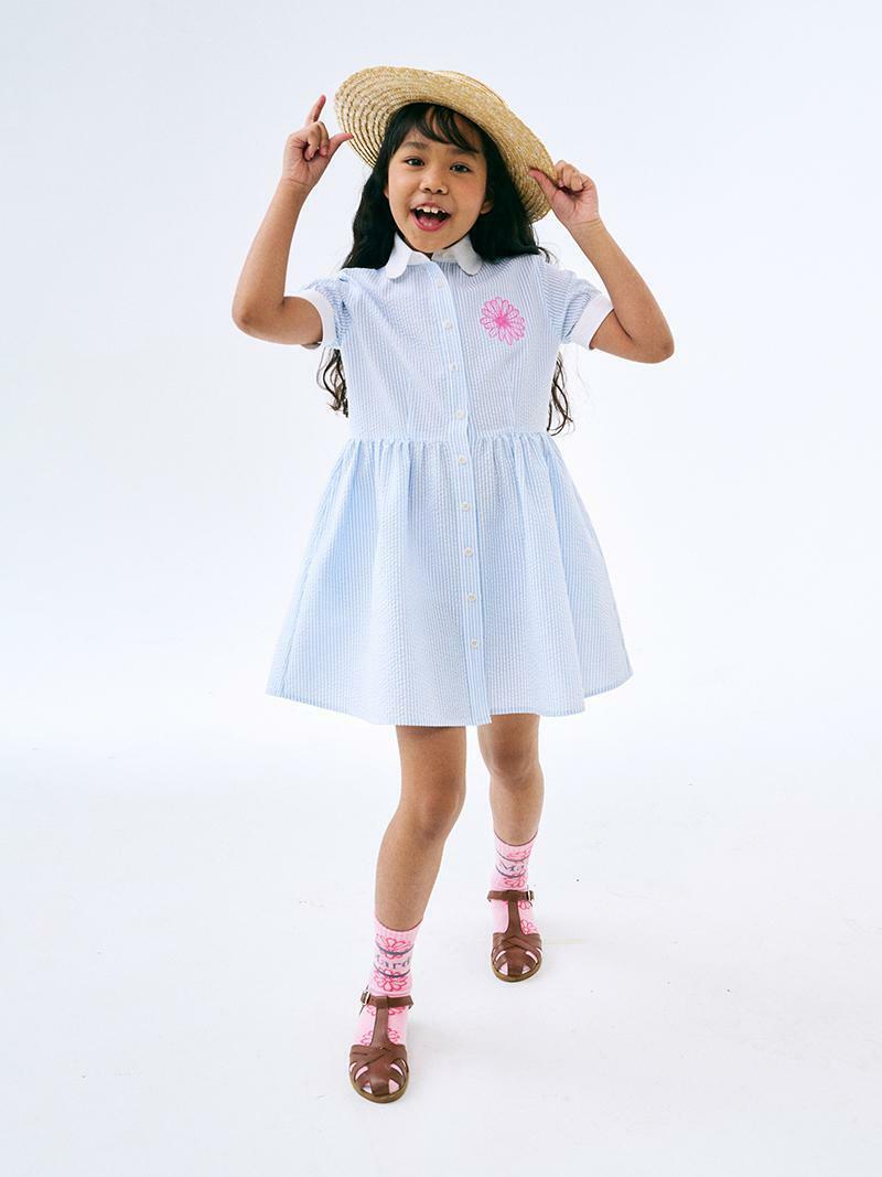 Mardi Mercredi KIDS SEERSUCKER SHIRT DRESS HALF SLEEVE STRIPE_SKY FUSHIA