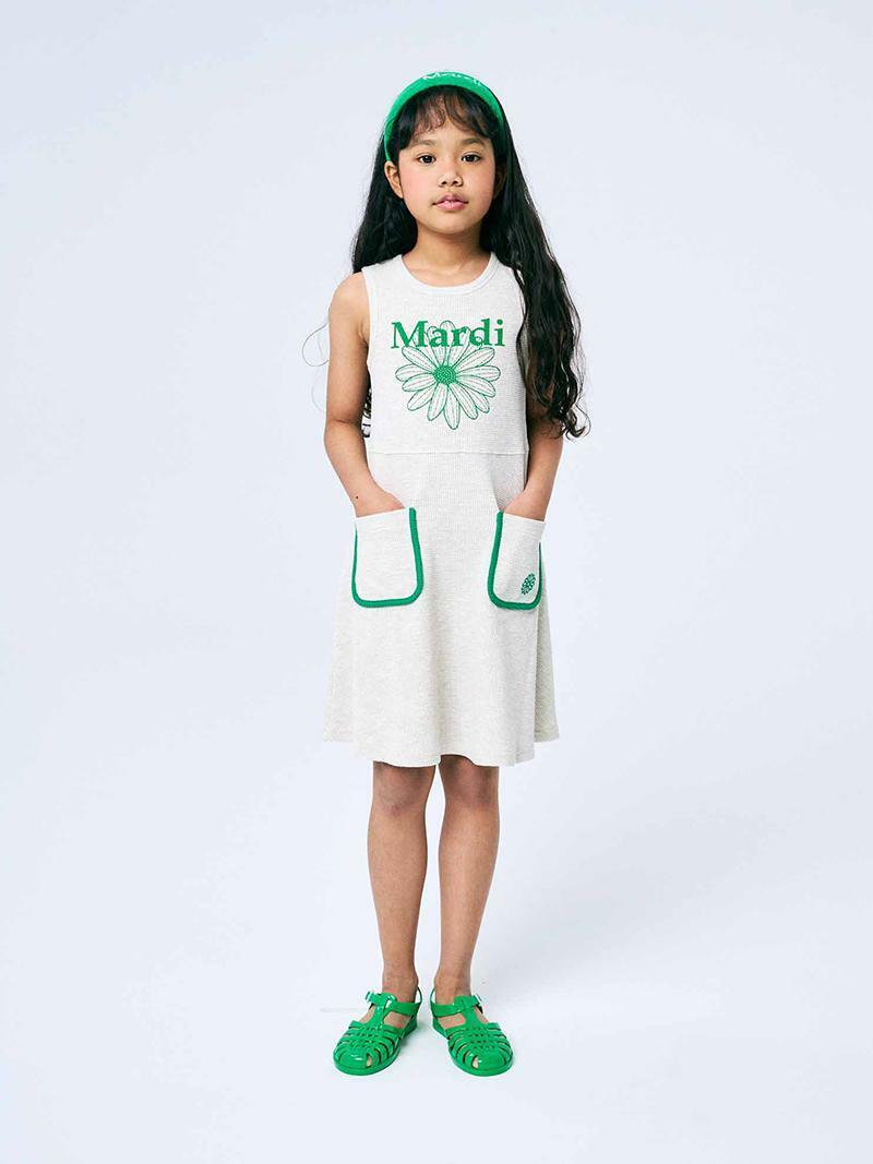 Mardi Mercredi KIDS WAFFLE DRESS FLOWERMARDI_OATMEAL GREEN