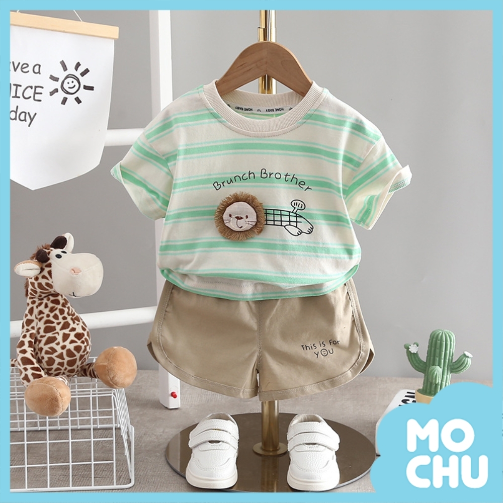 毛茸茸獅子橫條短袖套裝(兩色)