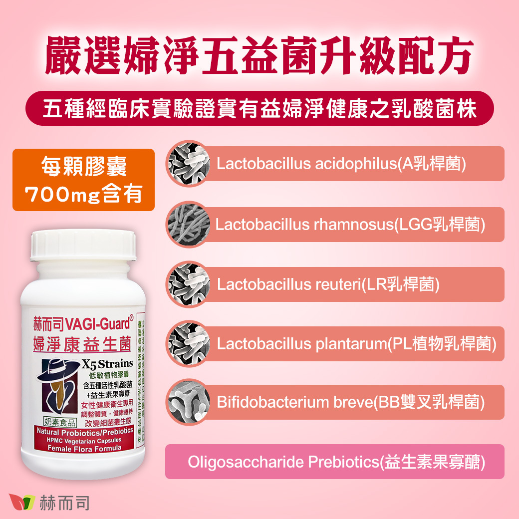 嚴選婦淨五益菌升級配方！五種經臨床實驗證實有益婦淨健康之乳酸菌株！每顆【婦淨康®益生菌】膠囊700mg含有：Lactobacillus acidophilus A乳桿菌、Lactobacillus rhamnosus LLG乳桿菌、Lactobacillus reuteri LP乳桿菌、Lactobacillus plantarum PL植物乳桿菌、Bifidobacterium breve BB雙叉乳桿菌、Oligosaccharide Prebiotics 益生素果寡醣