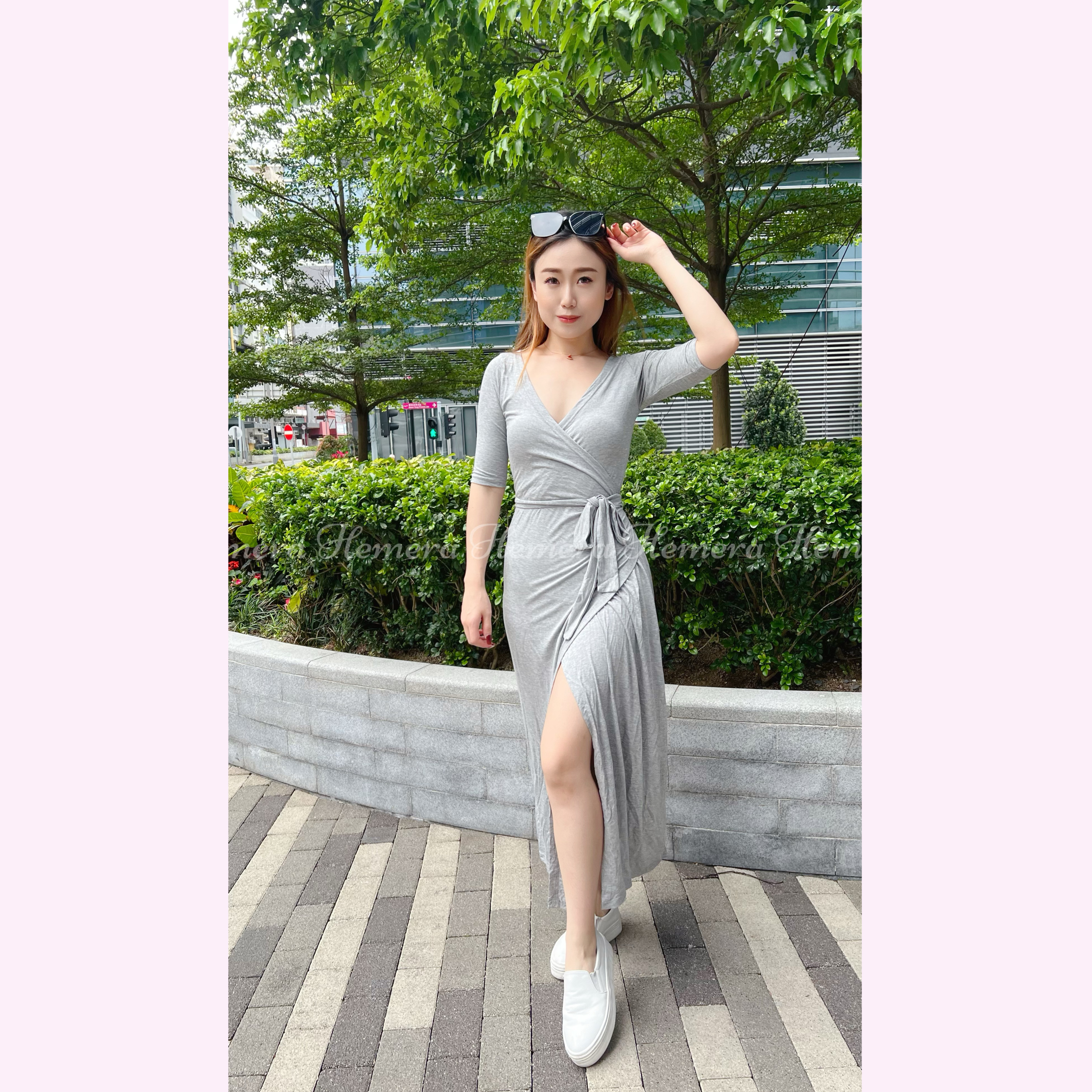 DR23W0528 棉質DEEP V 綁帶前開叉連身裙