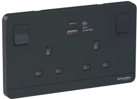 Schneider 施耐德 奐尚– 13A兩位 插座 連USB 充電插座 E83T25ACUSB_WG_C5 (沉醉金/石墨灰/白色)