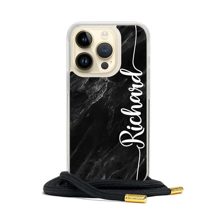 經典黑大理石紋- (客製化) iPhone透明掛繩手機殼