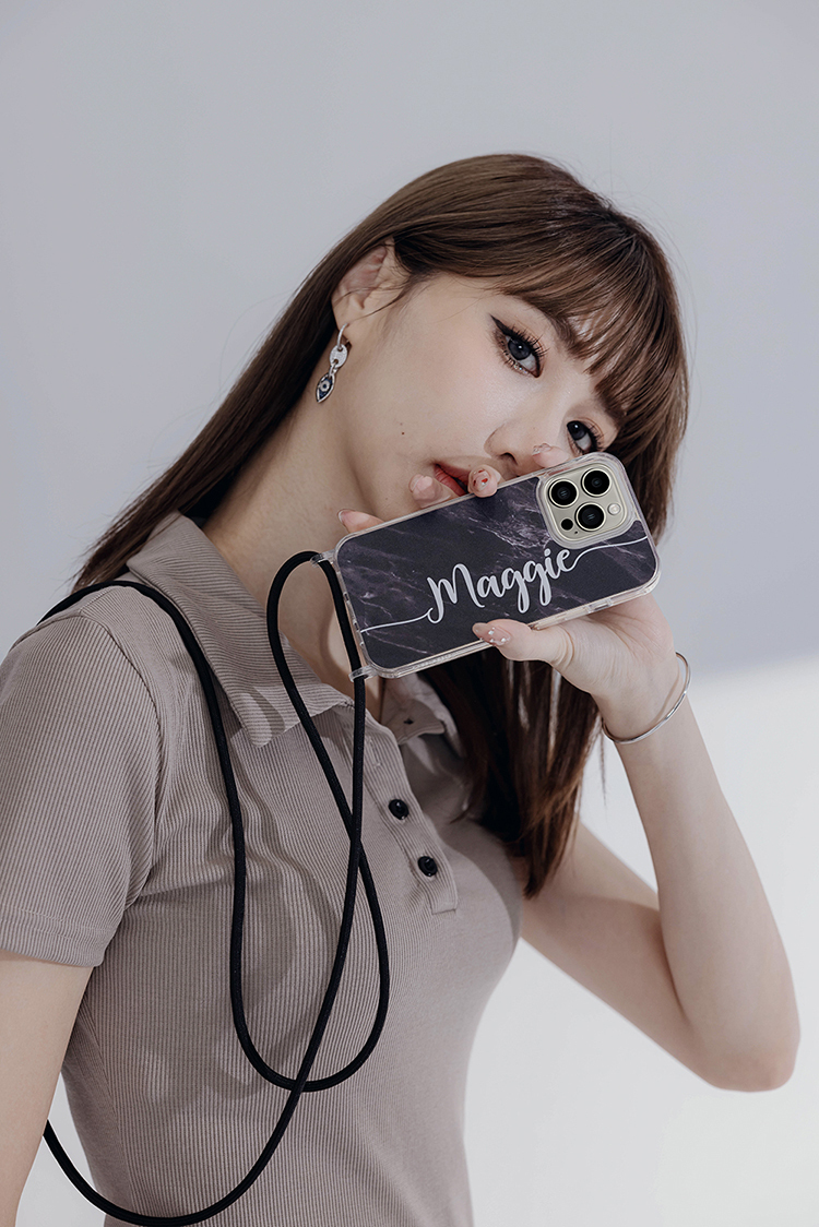 經典黑大理石紋- (客製化) iPhone透明掛繩手機殼