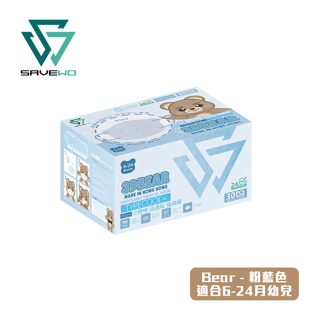 SAVEWO 3DBEAR 救世立體啤口罩 粉藍色 (30片獨立包裝/盒) (6-24月嬰幼兒適用)