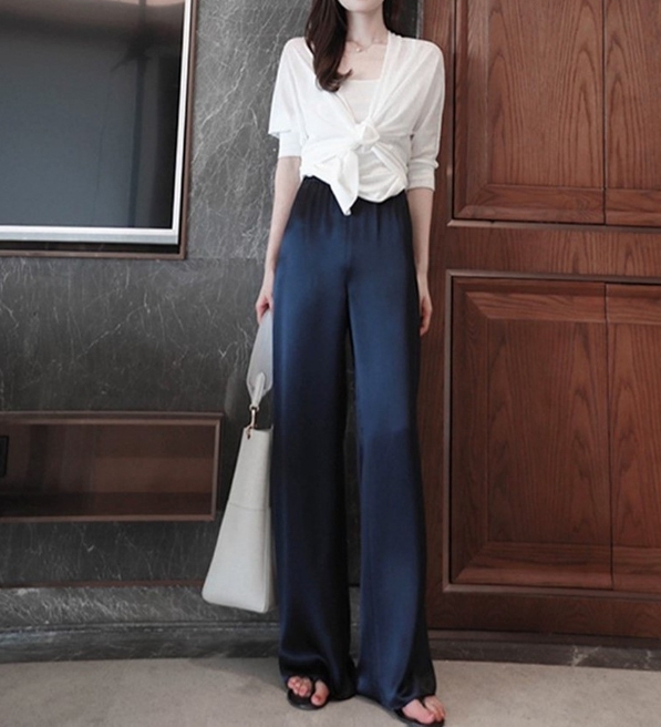 綢緞鬆緊高腰寬褲(黑/白/藏青/香檳)