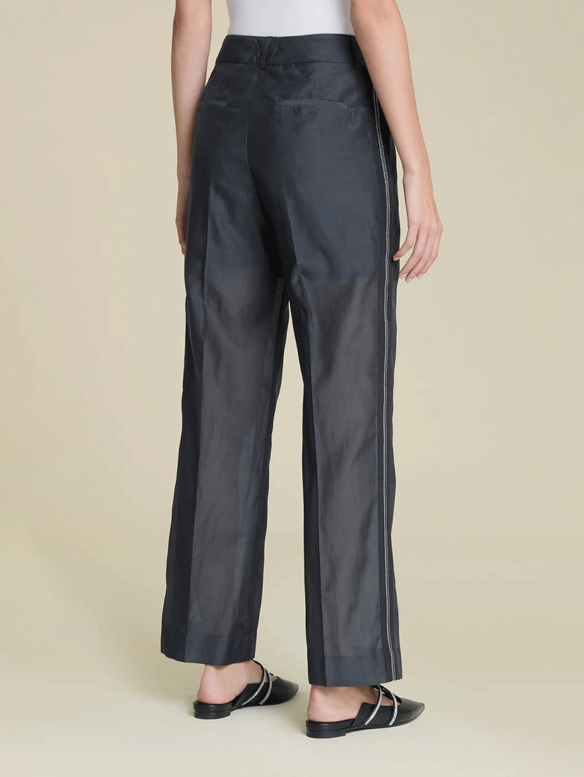 側邊條紋真絲棉混紡烏干紗長褲