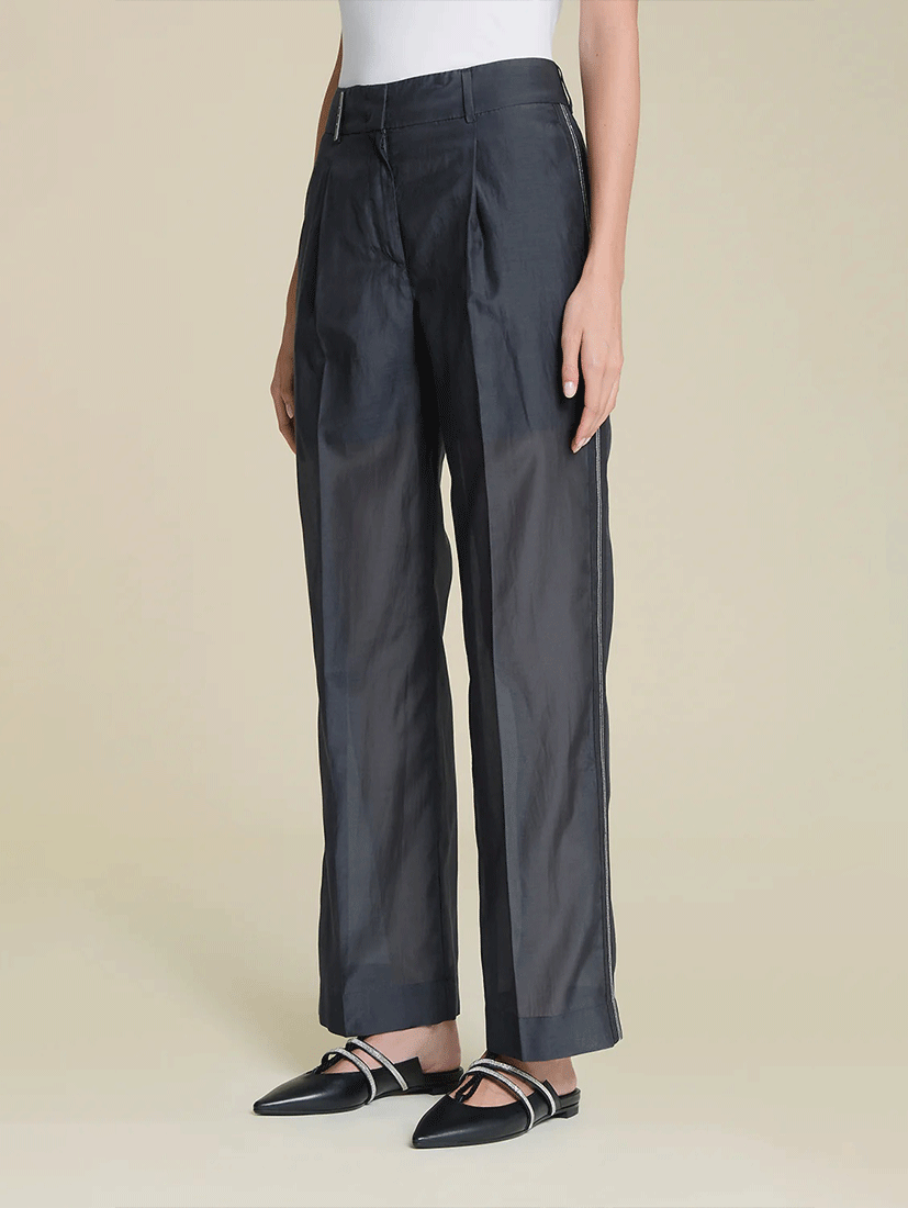 側邊條紋真絲棉混紡烏干紗長褲