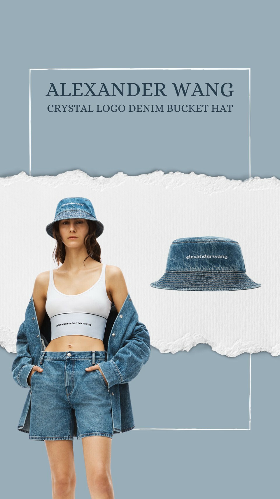 現貨4折Alexander Wang 水晶徽標單寧漁夫帽Crystal Logo Denim Bucket