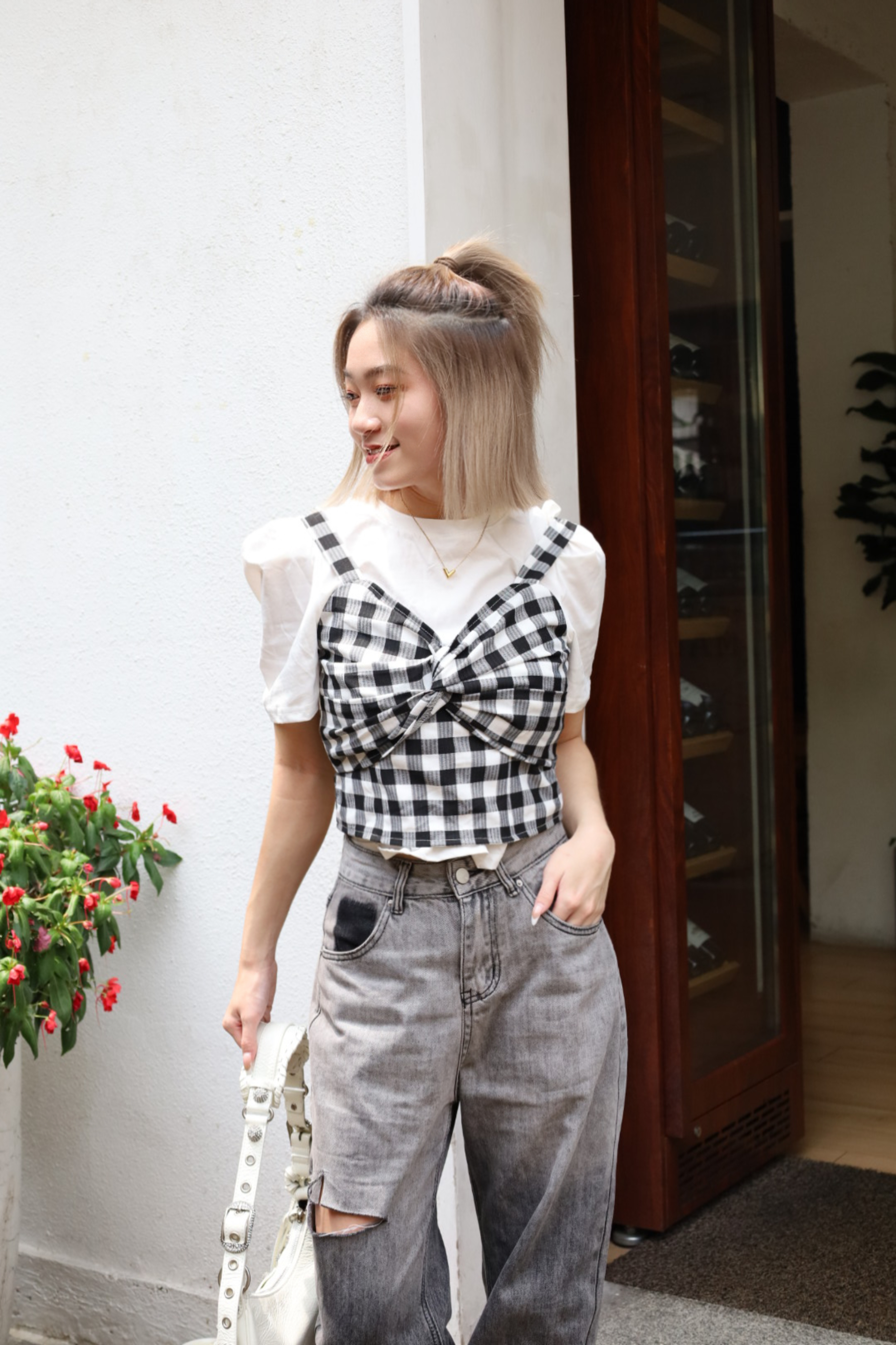 格紋吊帶兩件式上衣