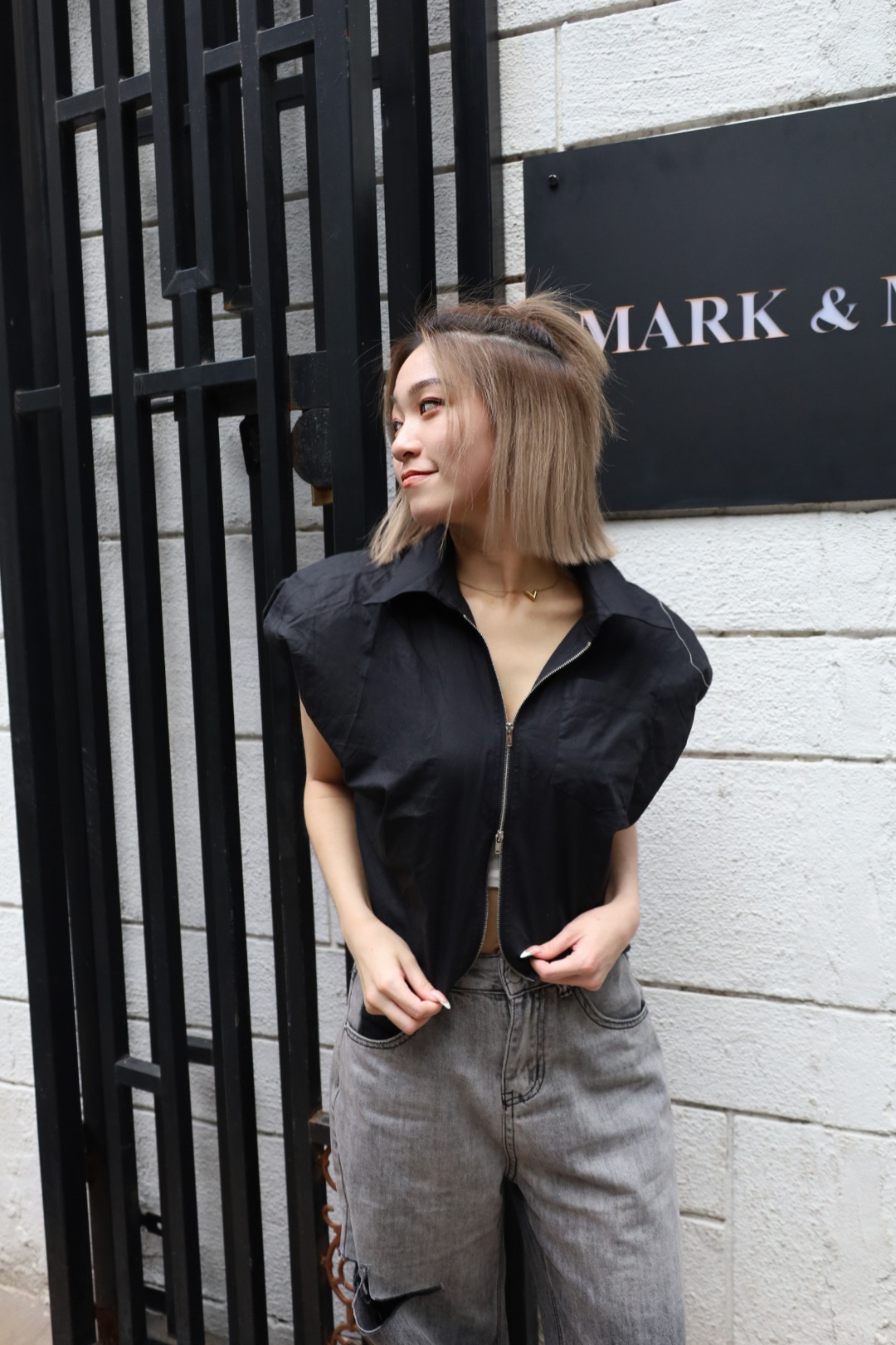 雙拉鍊短版背心襯衫