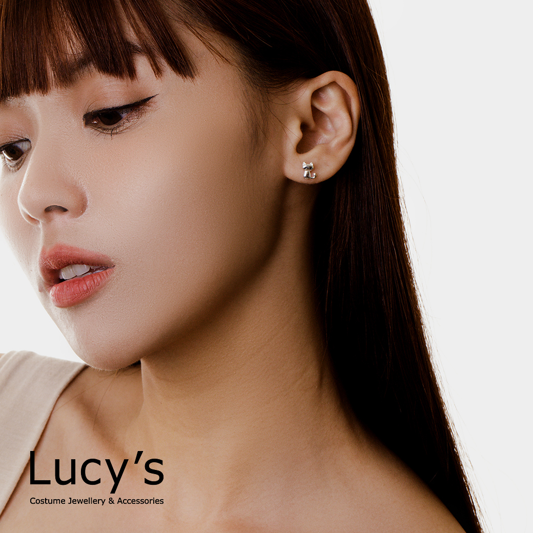 925純銀〔輕銀系列〕小貓與魚骨 耳環 (72156)