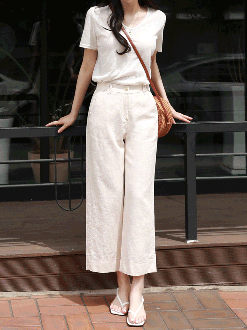 [現貨]後鬆緊亞麻寬褲 [ 2色 / S ]