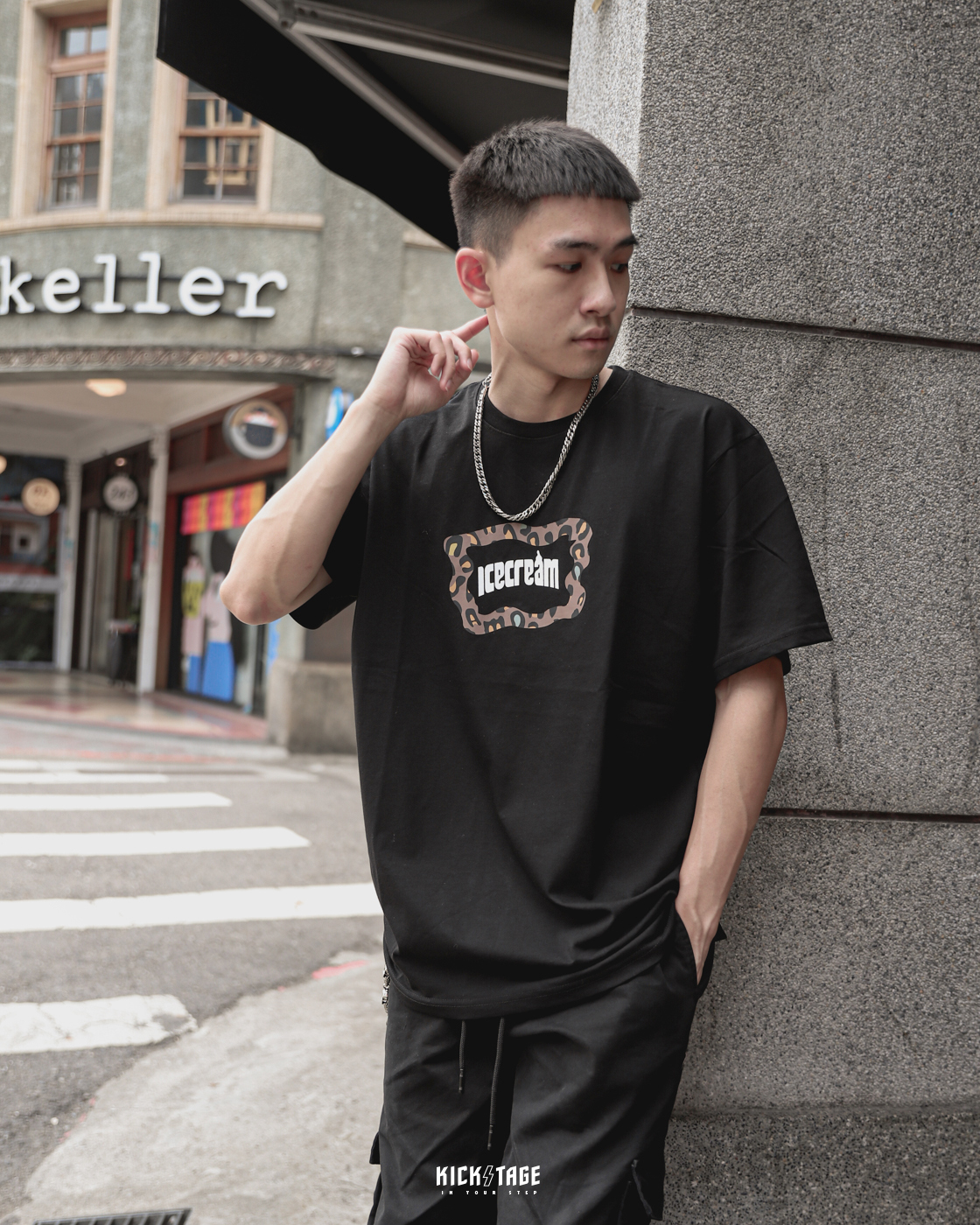 **特價商品售出不退換**ICE CREAM STANDARD SS TEE 黑色 白色 豹紋 文字框 基本 印花 短T【431-2203】