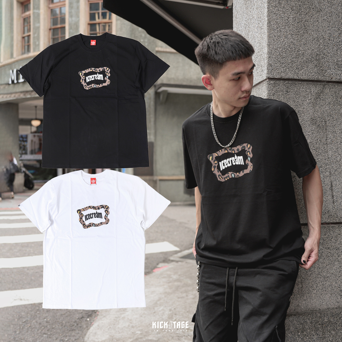 **特價商品售出不退換**ICE CREAM STANDARD SS TEE 黑色 白色 豹紋 文字框 基本 印花 短T【431-2203】