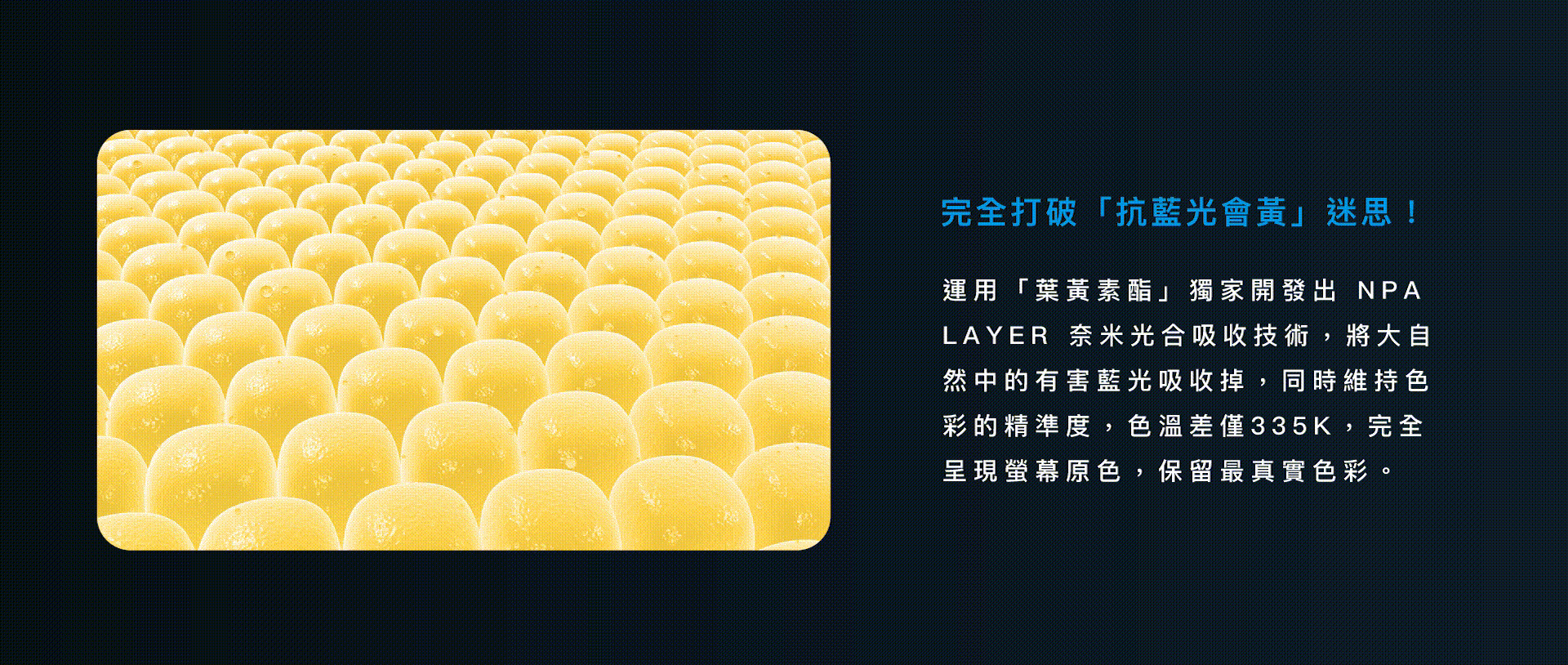 完全打破「抗藍光會黃」迷思！運用「葉黃素酯」獨家開發出 NPA LAYER 奈米光合吸收技術，將大自然中的有害藍光吸收掉，同時維持色彩的精準度，色溫差僅335K，完全呈現螢幕原色，保留最真實色彩。