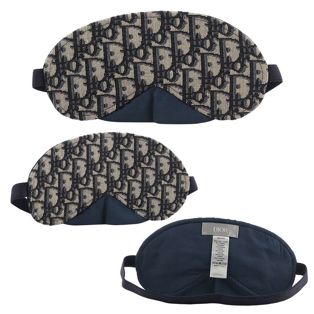 【CHRISTIAN DIOR】Logo 滿版羊毛圍巾眼罩及室內拖收納包居家組(藍色)