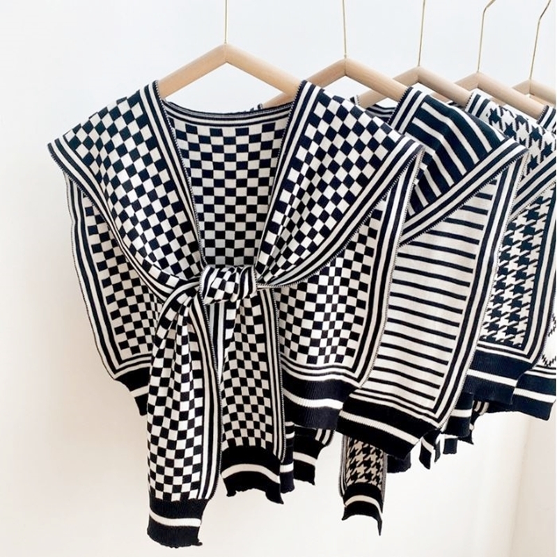 綁帶式黑白紋針織披肩 六色