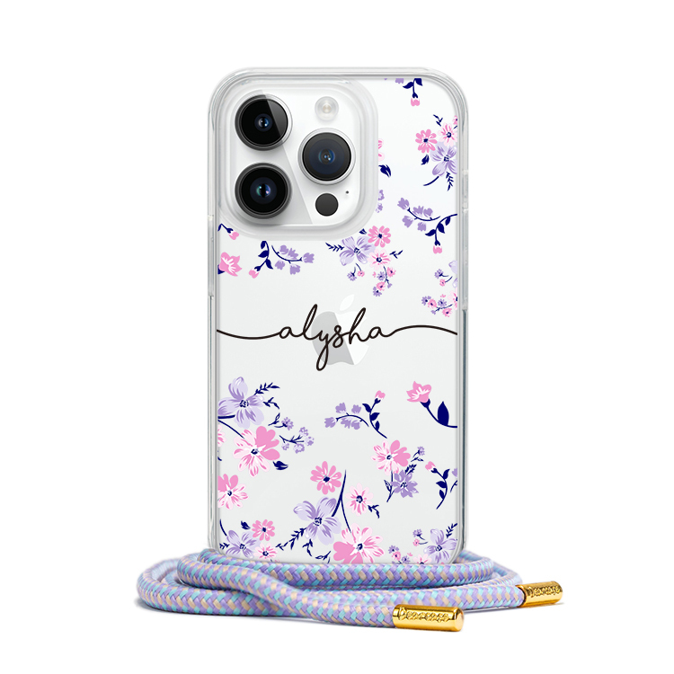 紫粉碎花 - (客製化) iPhone背帶掛繩手機殼