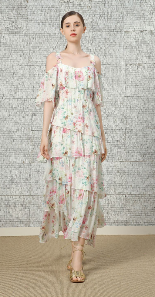 BC1EF016E1 法國玫瑰不規則蛋糕連衣裙