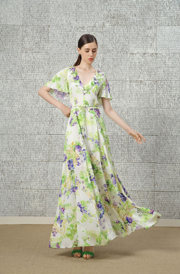 BC1EB053E1 浪漫農夫紫花logo大V領連衣長洋