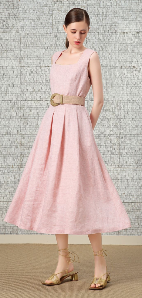 BC1EE170E1 午後漫遊珊瑚紅亞麻復古優雅洋裝 (附腰帶)