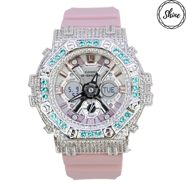 銀色 Mini-G 改裝手錶 GMA-S120NP-4A - 碧藍八角雙圈