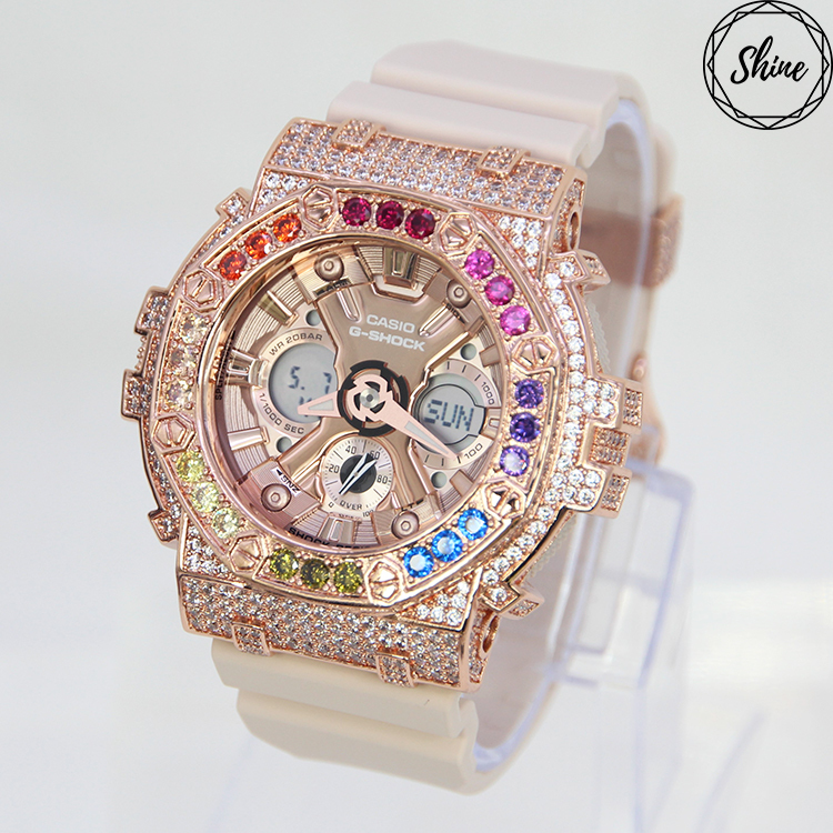 玫瑰金 Mini-G 改裝手錶 GMA-S120MF-4A - 彩虹八角雙圈