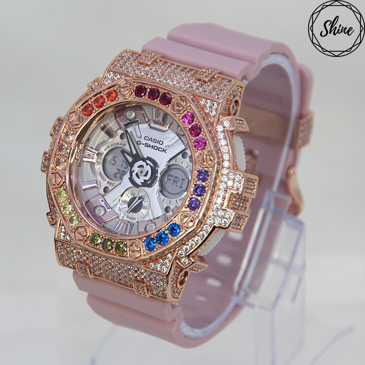 玫瑰金 Mini-G 改裝手錶 GMA-S120NP-4A - 彩虹八角雙圈